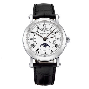 Patek Philippe Perpetual Calendar Silver Dial 18kt White Gold Black Leather Men's Watch 5059G