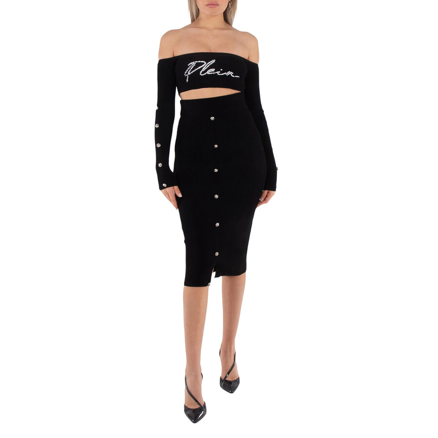 Black Signature Rib Knit Top and Skirt Set, Size X-Small