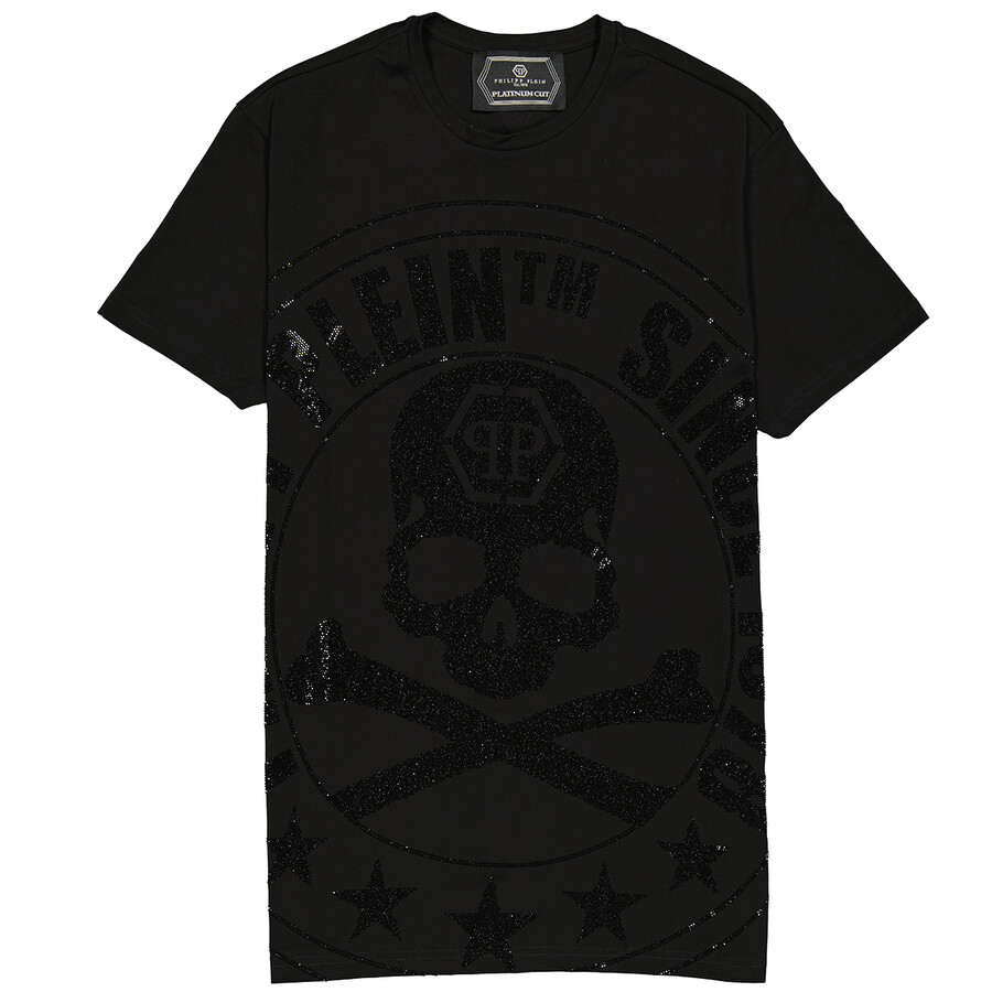 Philipp Plein Men's Black Rhinestone Skull Cotton Jersey Tshirt, Size Medium S20C MTK4335