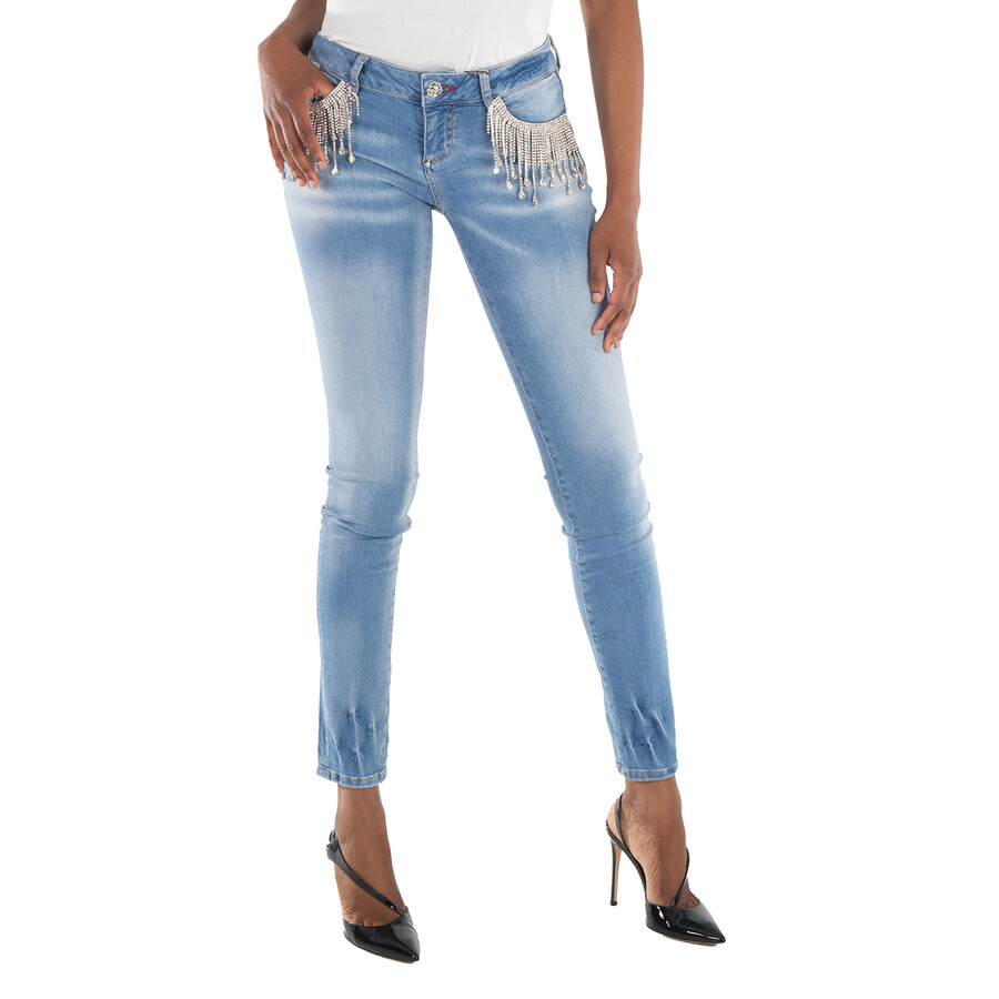 Slim Fit Rhinestone Fringe Denim Jeans