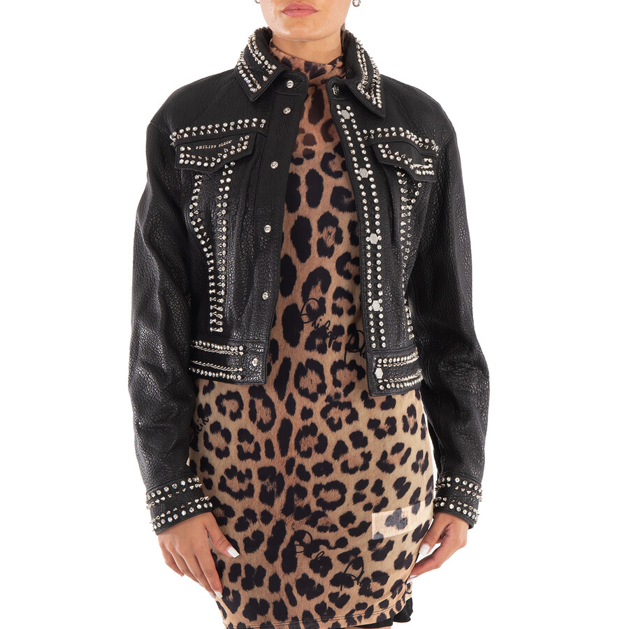 Studs Skull Leather Jacket In Black, Size X-Small