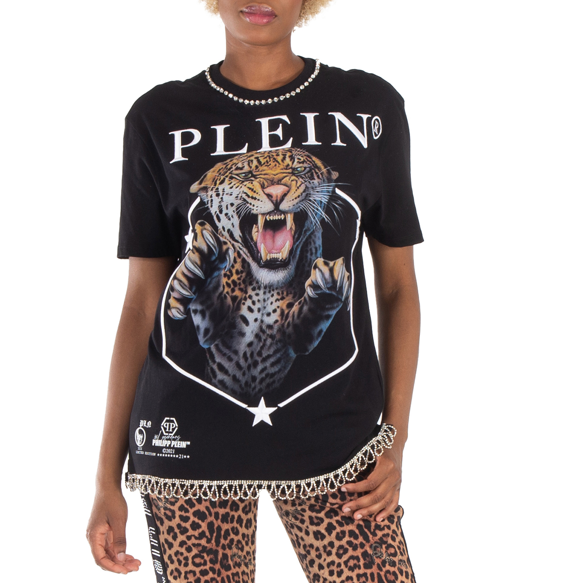 Philipp Plein Tiger Print Cotton TShirt, Size Medium PAACWTK2166