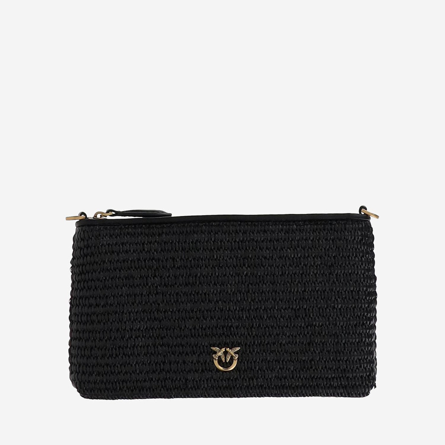 Pinko Small Flat Bag In Crocheted Raffia With Removable Shoulder Strap In Black
