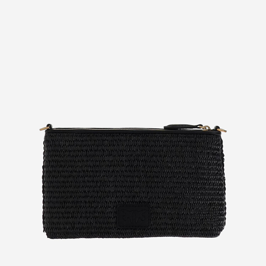 Pinko Small Flat Bag In Crocheted Raffia With Removable Shoulder Strap In Black