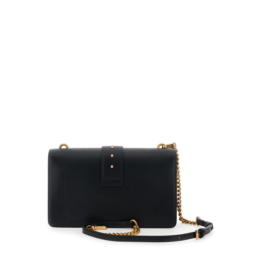 Pinko Love One Classic Black Crossbody Bag With Studded Strap And Love Birds Diamond Cut Plaque On The Fro