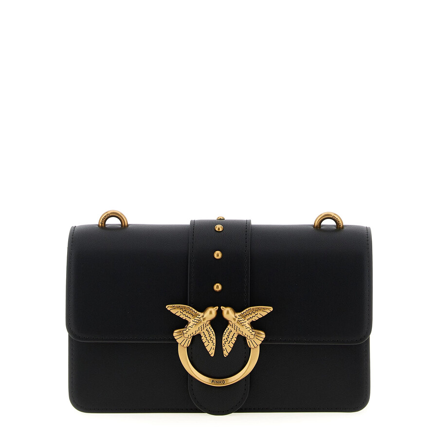 Pinko Love One Classic Black Crossbody Bag With Studded Strap And Love Birds Diamond Cut Plaque On The Fro In Black