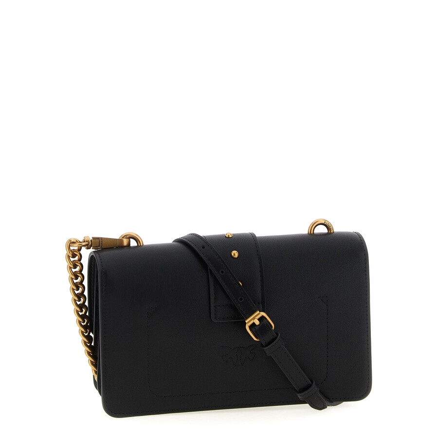 Pinko Love One Classic Black Crossbody Bag With Studded Strap And Love Birds Diamond Cut Plaque On The Fro In Black