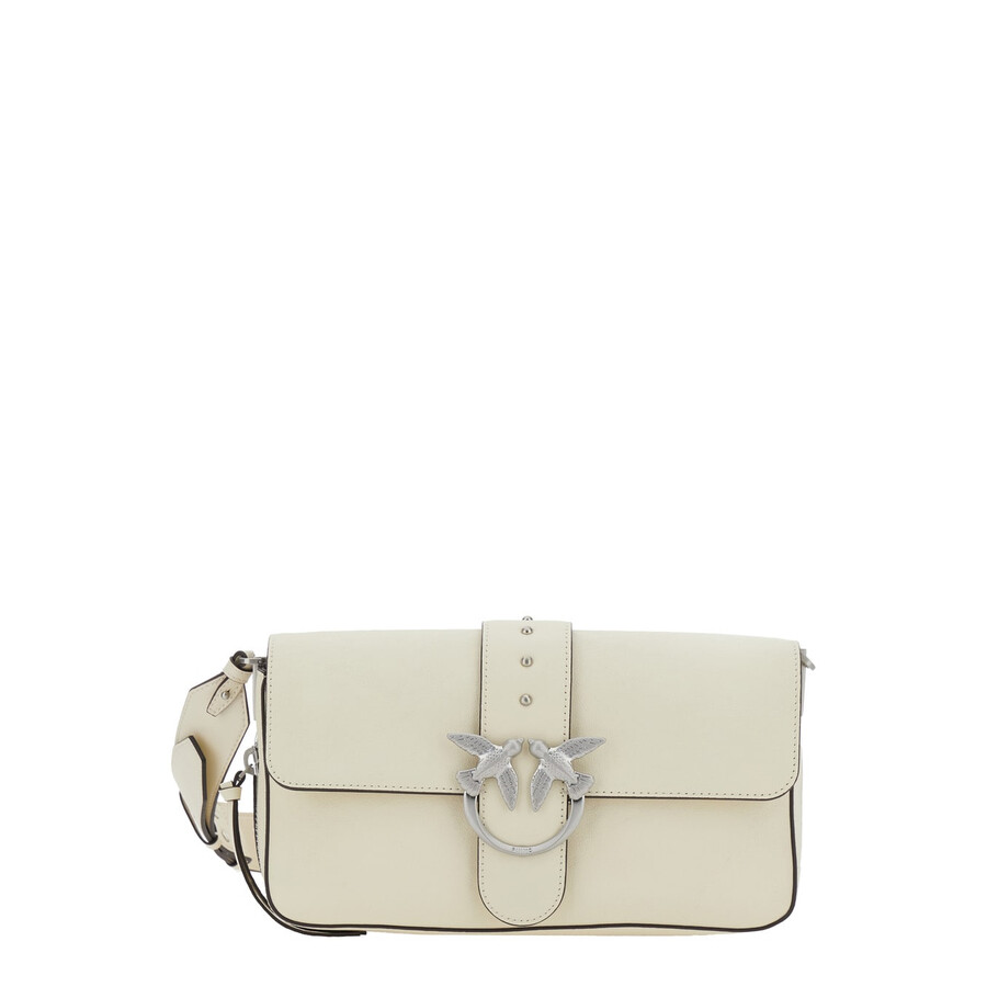 Pinko Love One White Crossbody Bag With Love Birds Buckle And Adjustable Shoulder Strap In Leather W In Neutral