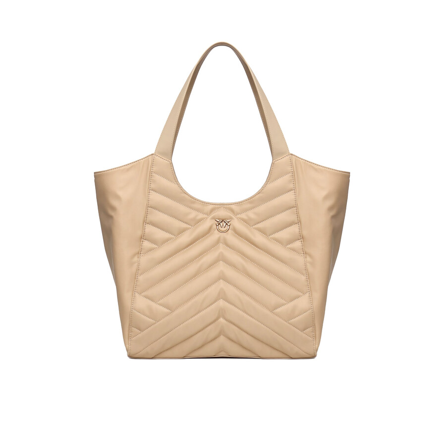 Pinko Shopper Bag In Puzzle-quilted Recycled Fabric In Beige-smoke Grey-antique Gold