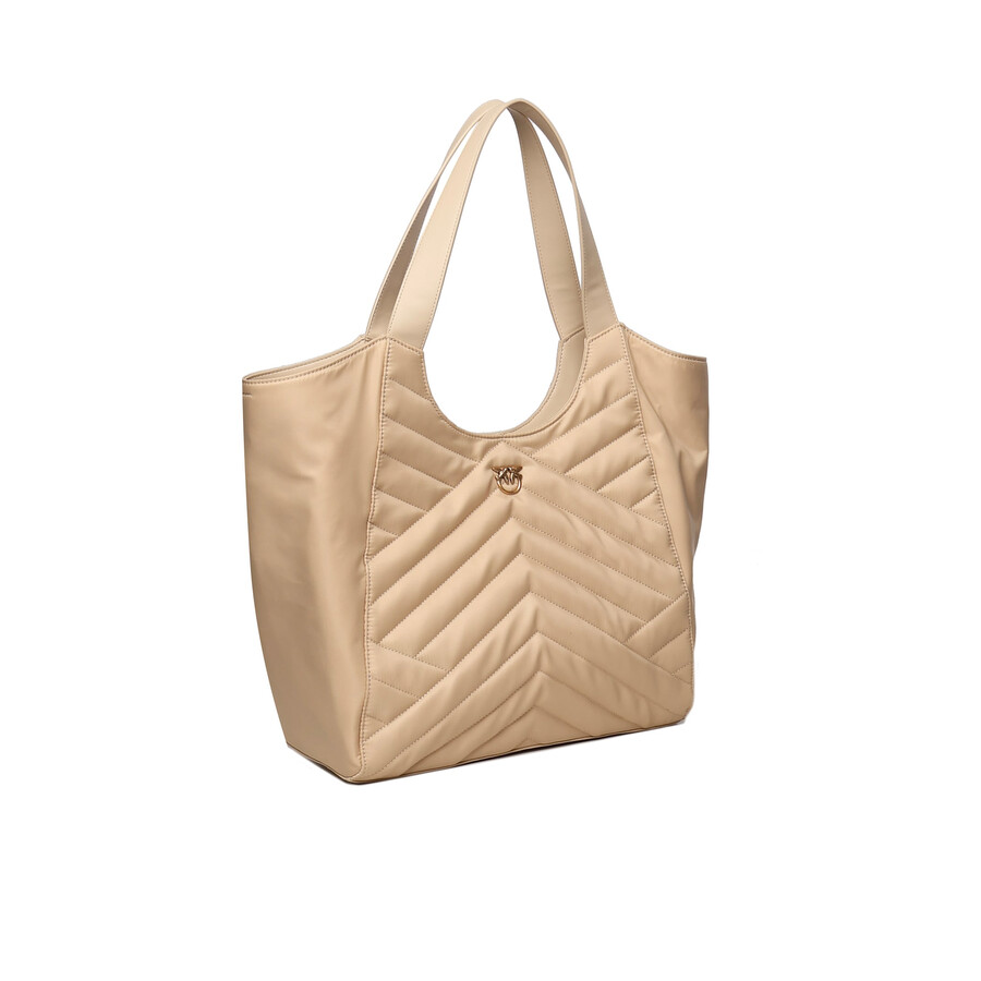Pinko Shopper Bag In Puzzle-quilted Recycled Fabric In Beige-smoke Grey-antique Gold