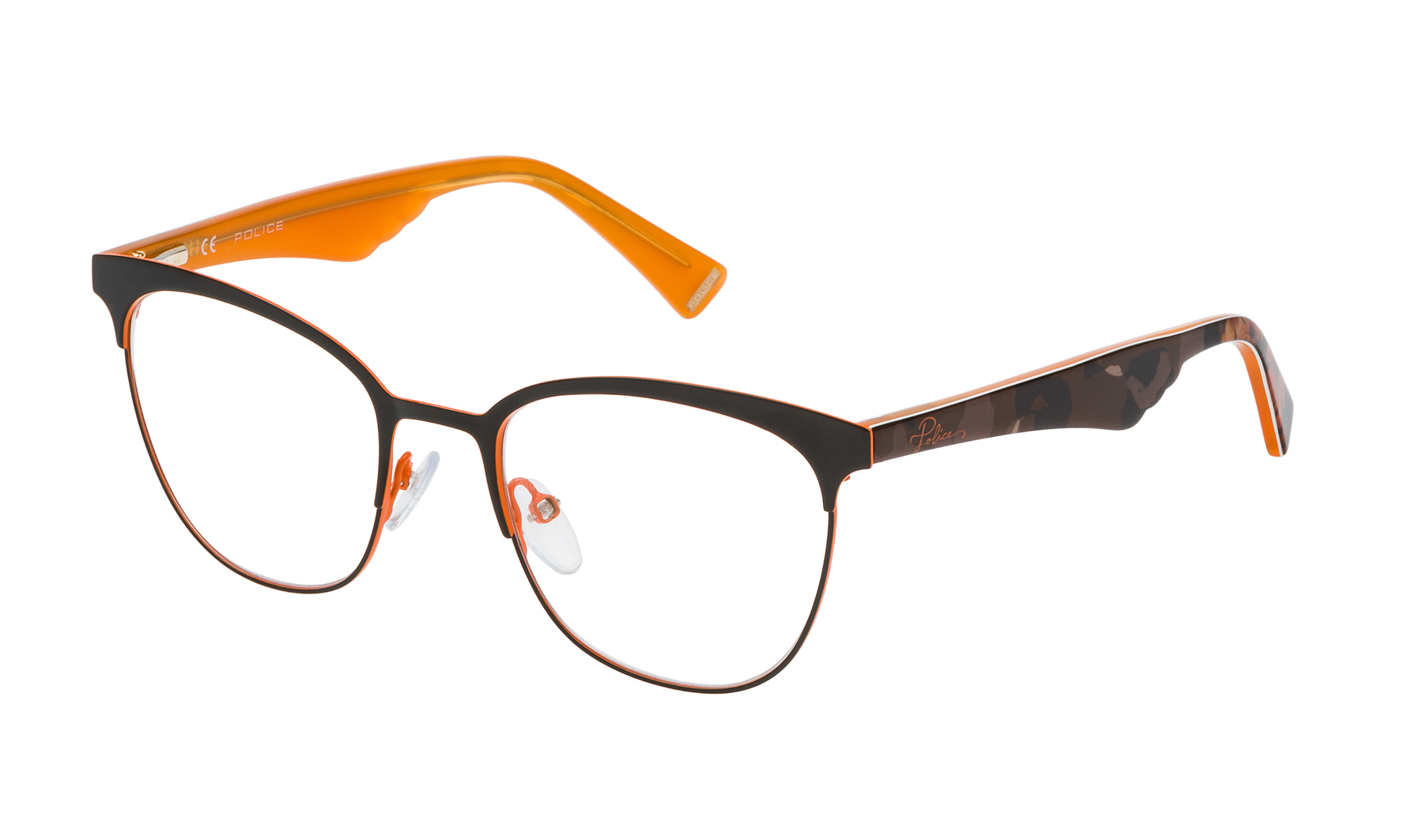 Police Ladies Shiny Full Brown W/orange Parts Rectangular Eyeglass Frames Vpl417510scb