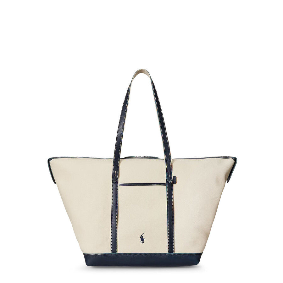 Polo Ralph Lauren Large Leather-trimmed Cotton-blend Canvas Tote In Blue