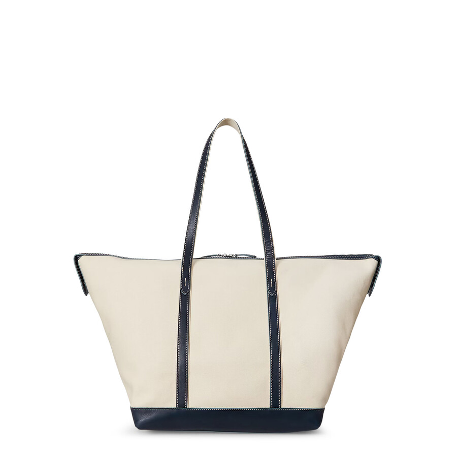 Polo Ralph Lauren Large Leather-trimmed Cotton-blend Canvas Tote In Blue