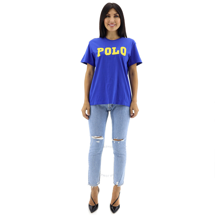 Polo Ralph Lauren Logo Jersey Crewneck Tee Woman T-shirt Bright Blue Size Xl Cotton In Blue
