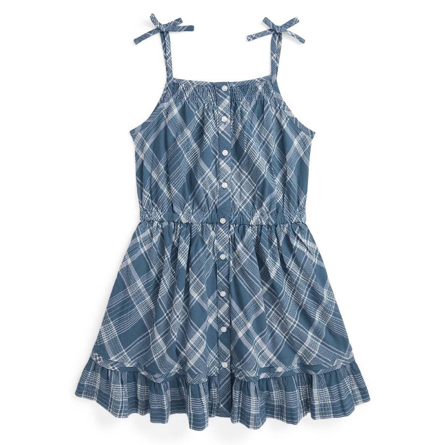 Girls Embroidered Logo Plaid Pattern Dress