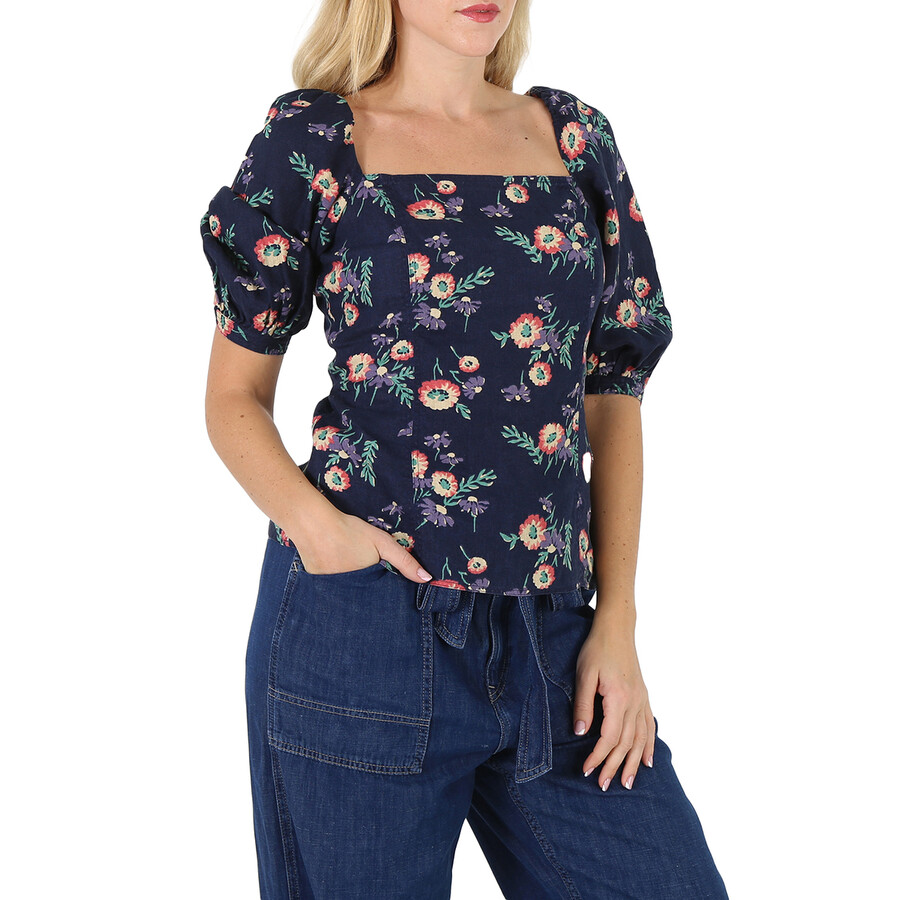 Polo Ralph Lauren Ladies Floral Print Linen Puff Sleeve Blouse