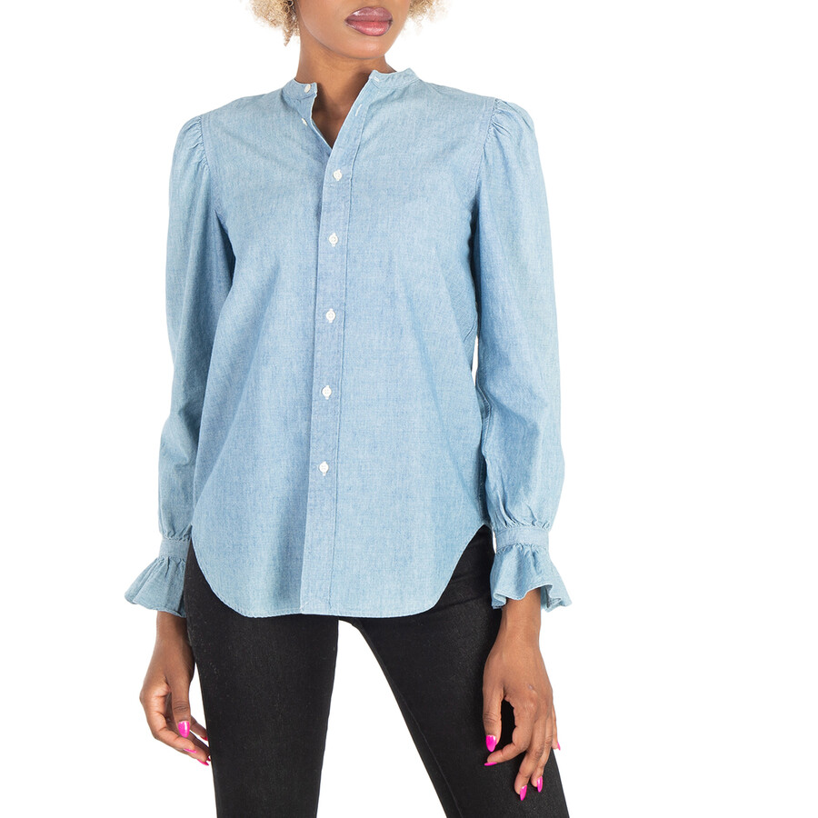 Puff-Sleeve Frill-Trimmed Denim Shirt