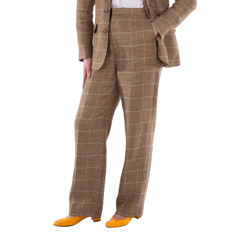 Straight-Leg Plaid Linen-Silk Trouser