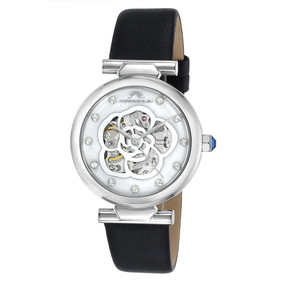 Porsamo Bleu Laura Women's Automatic Watch With Mother Of Pearl Dial, 1211alal In Black / Mother Of Pearl / Silver / Skeleton / White
