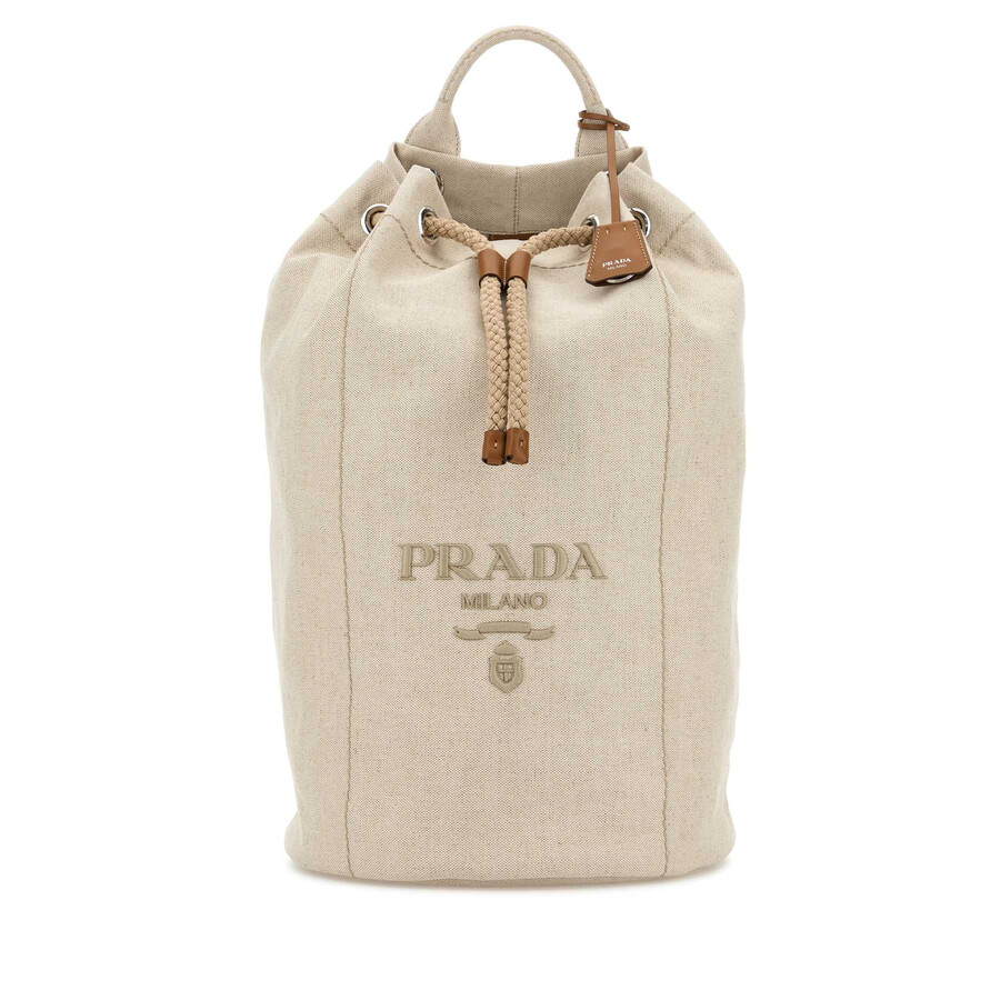 Prada Canvas Backpack With Eyelet Detailing And Top Handle In Neutral