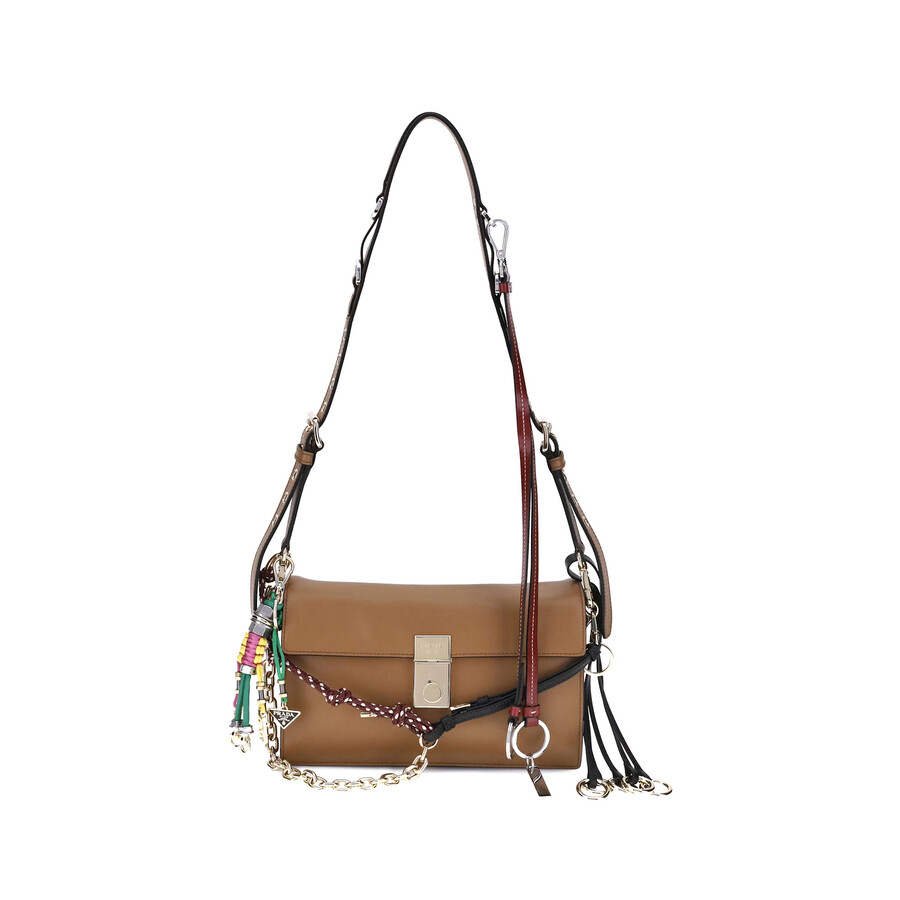 Prada Soft Sound Large Caramel Leather Bag With Charms In Brown