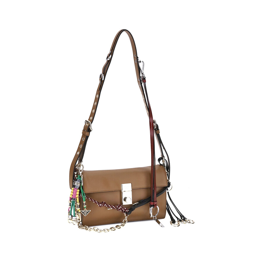 Prada Soft Sound Large Caramel Leather Bag With Charms In Brown
