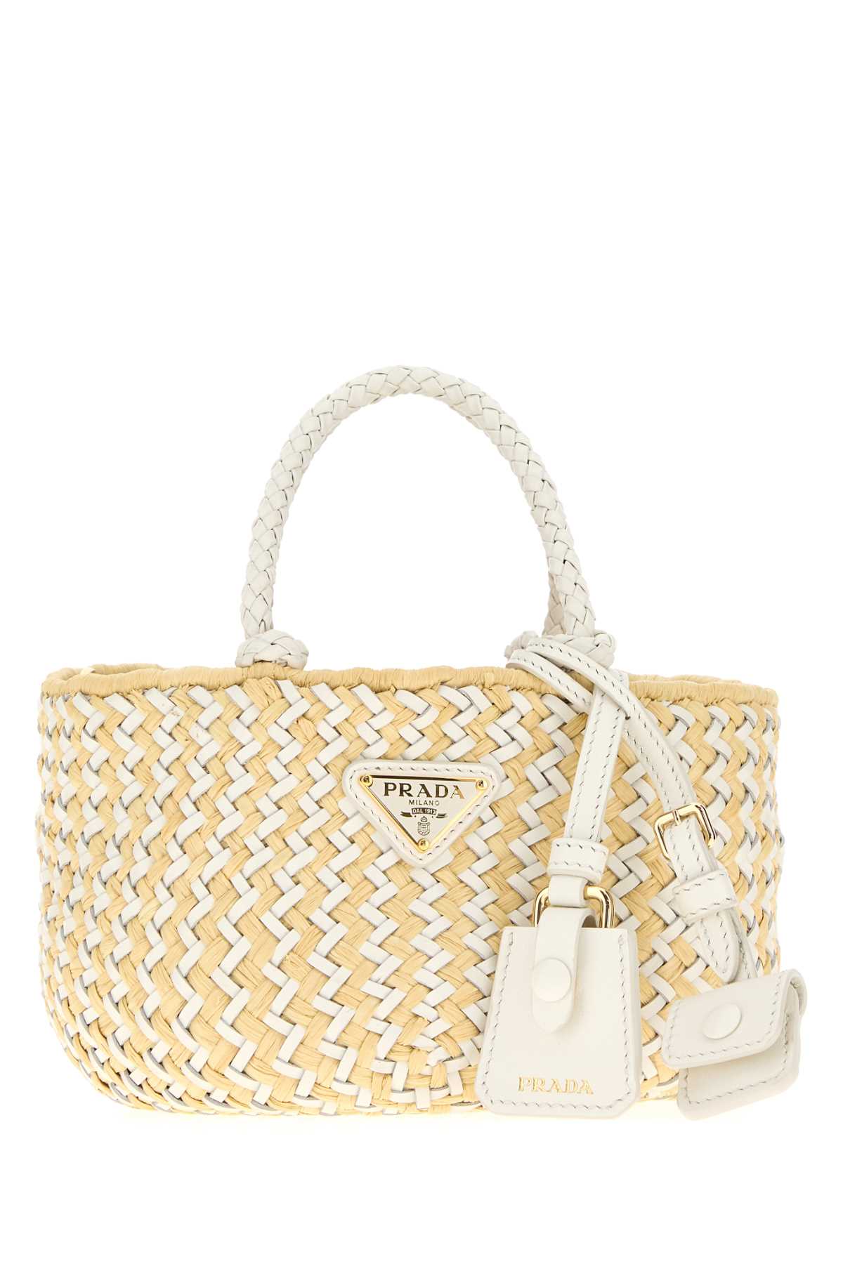 Prada Two-Tone Leather And Raffia Handbag 1BA4672MHC F0965