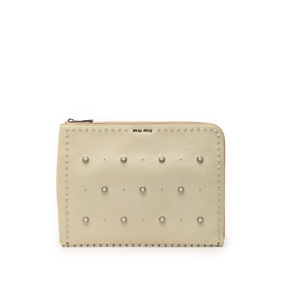 Miu Miu Pre-owned Miu Miu Faux Pearl Studded Leather Clutch Ladies