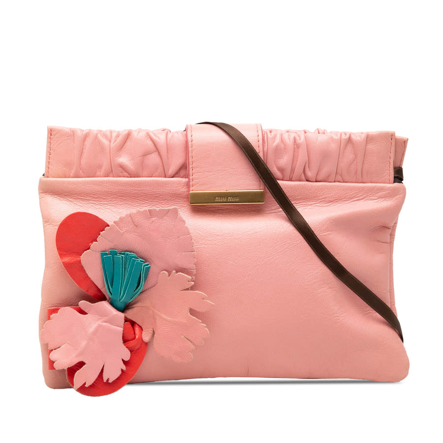 バッグ miumiu flower leather pouch Miu Miu Pre-owned Miu Miu Lambskin Flower Applique Clutch with