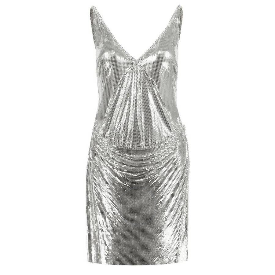 RABANNE RABANNE LADIES SILVER CHAINMAIL V-NECK MINIDRESS