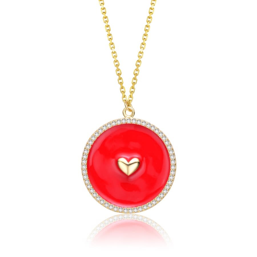 Rachel Glauber 14k Yellow Gold Plated With Clear Cubic Zirconia And Colored Enamel Round Pendant In Red