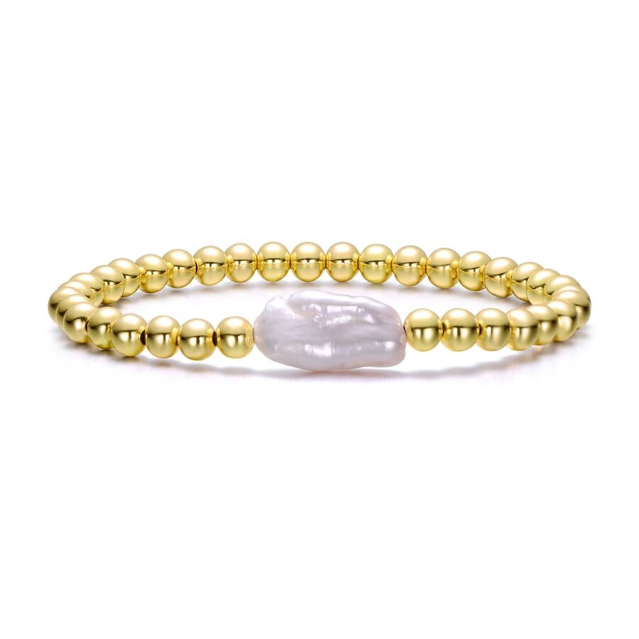Rachel Glauber 14k Gold Plated With Baroque White Pearl Ball Bead Link Stretchable Layering Bracelet In Gold
