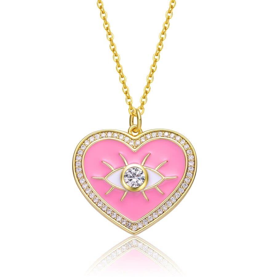 Rachel Glauber Young Adults/teens 14k Yellow Gold Plated With Clear Cubic Zirconia Pink Enamel Heart Pendant In Pink