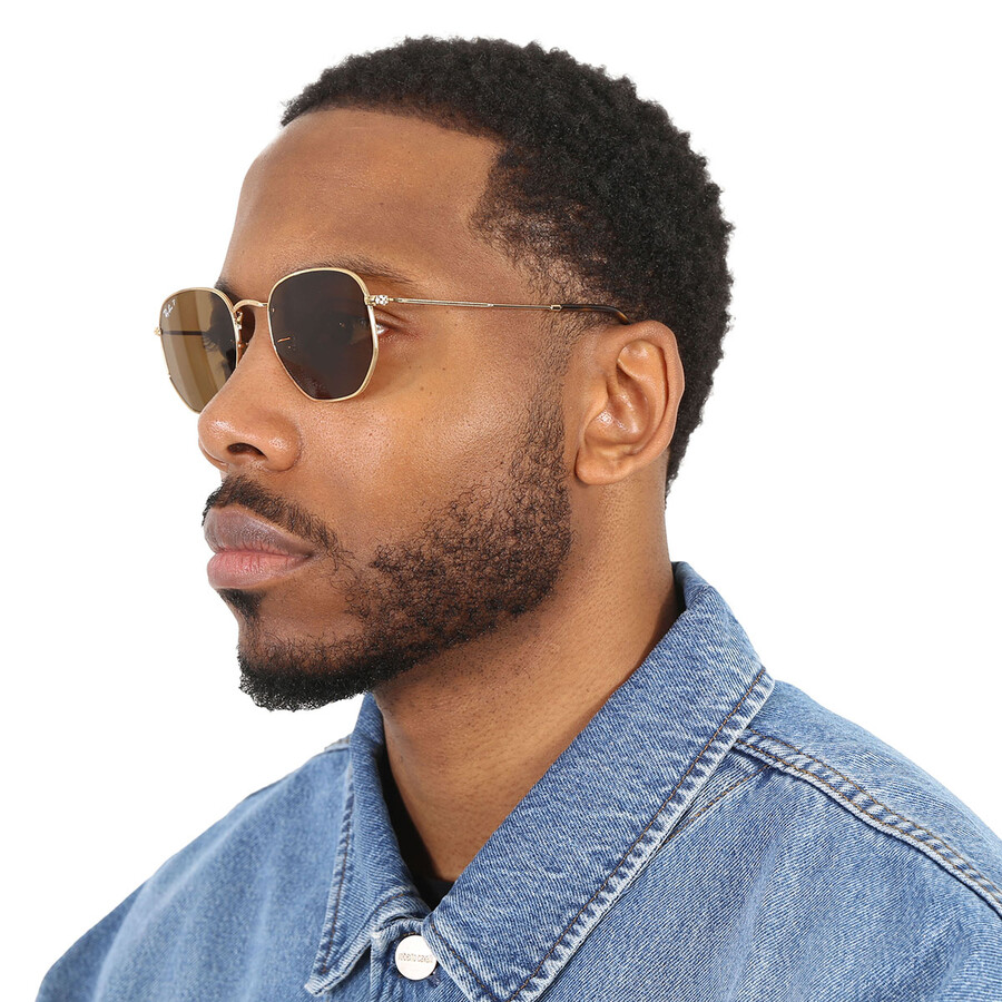 Ray Ban Hexagonal Flat Lenses Polarized Brown Unisex Sunglasses Rb3548n 001/57 54 In Brown / Gold