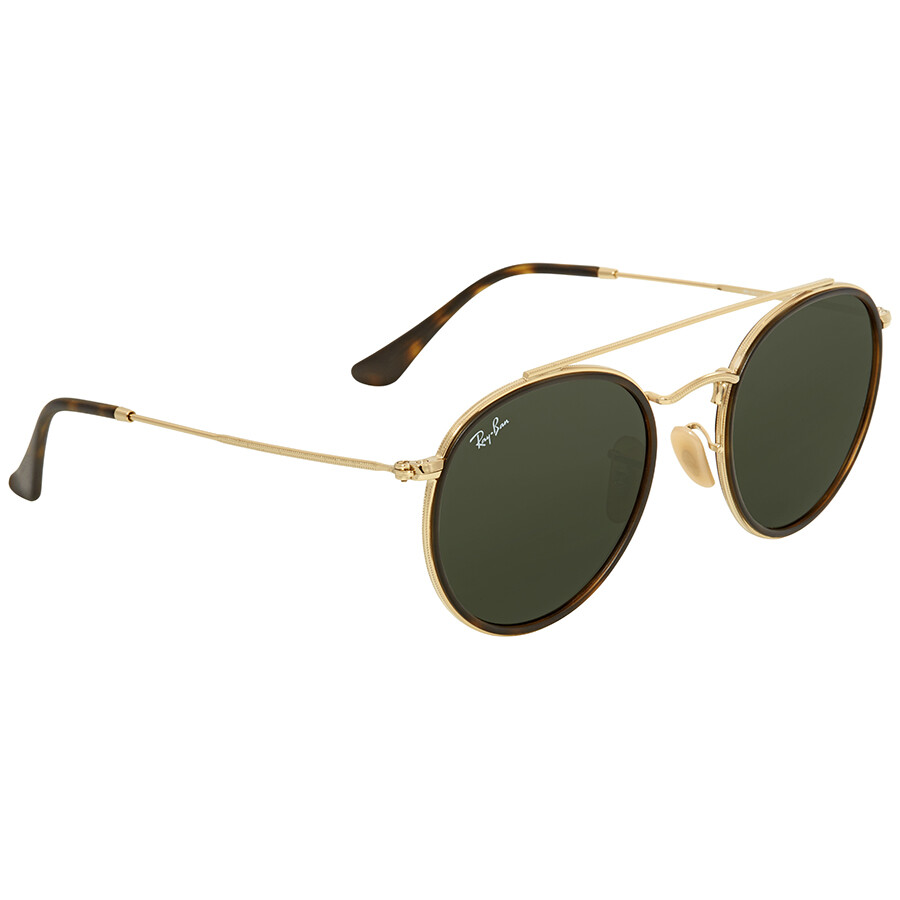 Ray Ban Round Double Bridge Green Classic G-15 Unisex Sunglasses Rb3647n 001 51 In Gold / Green