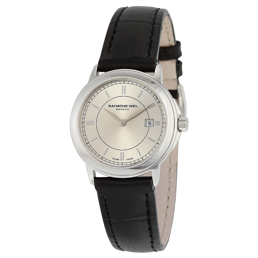 Raymond Weil Traditional Silver Dial Black Leather Ladies Watch 59661