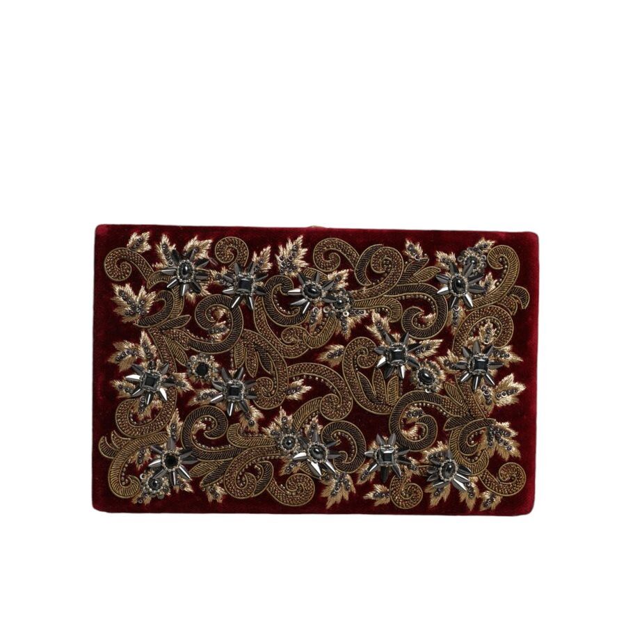 Dolce & Gabbana Red Velvet Gold Frame Clutch Evening Party Purse Bag Cotton In ["red"]
