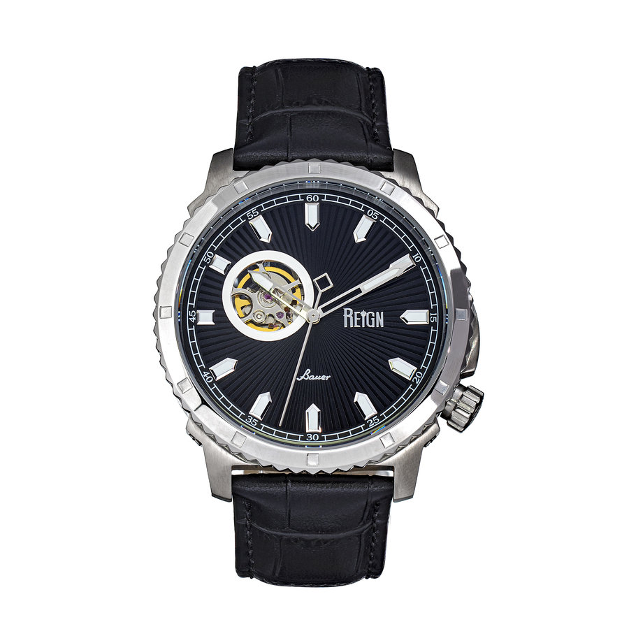 Reign Bauer Automatic Semi-skeletonleather-band Watch In Black