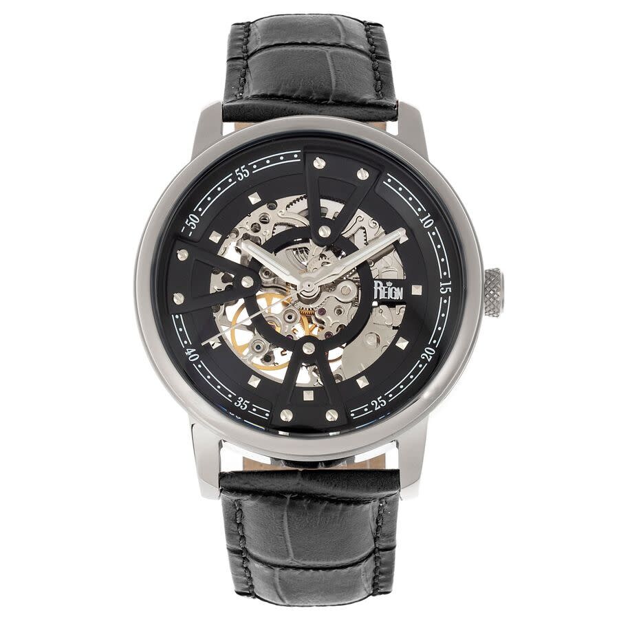 Reign Belfour Automatic Skeleton Leather-band Watch In Black