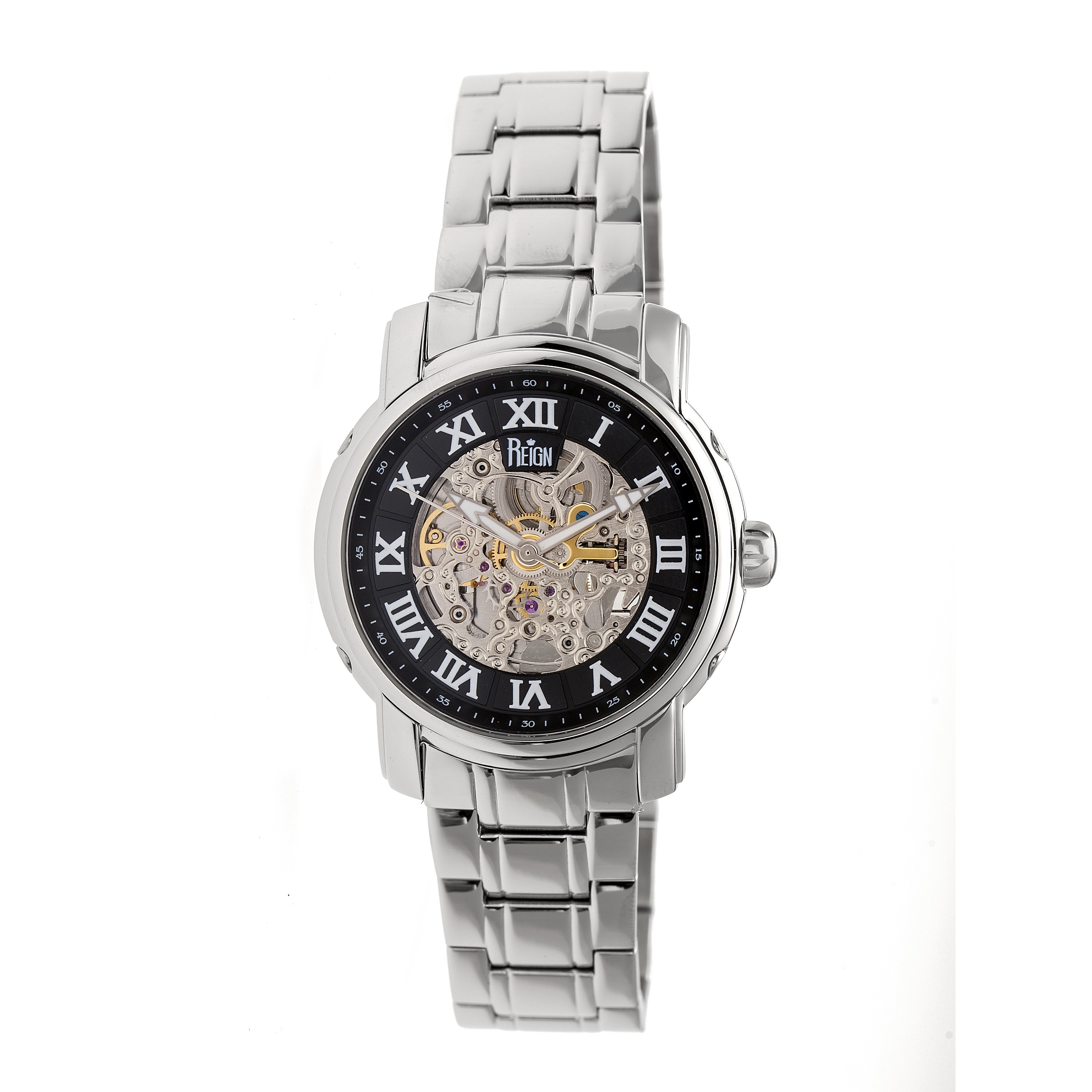 Reign Kahn Black Skeleton Roman Numeral Silver-tone Bracelet Men's Watch RN4302