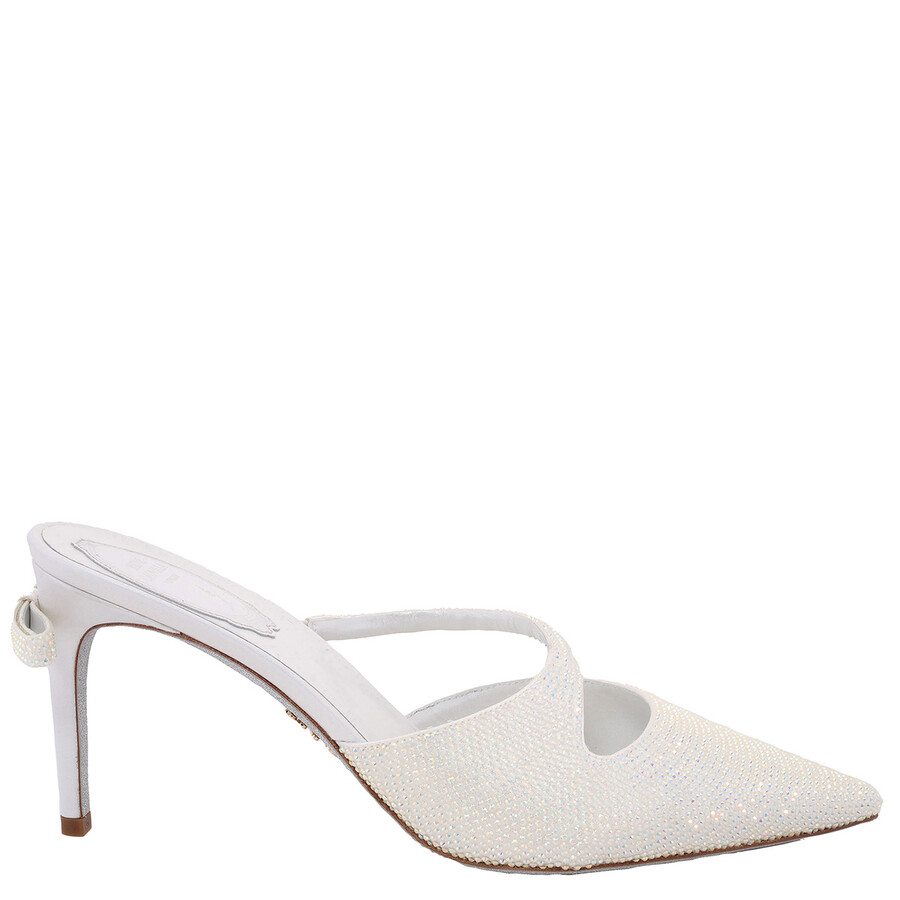 René Caovilla Rene Caovilla Crystal-embellished Satin Mules In White