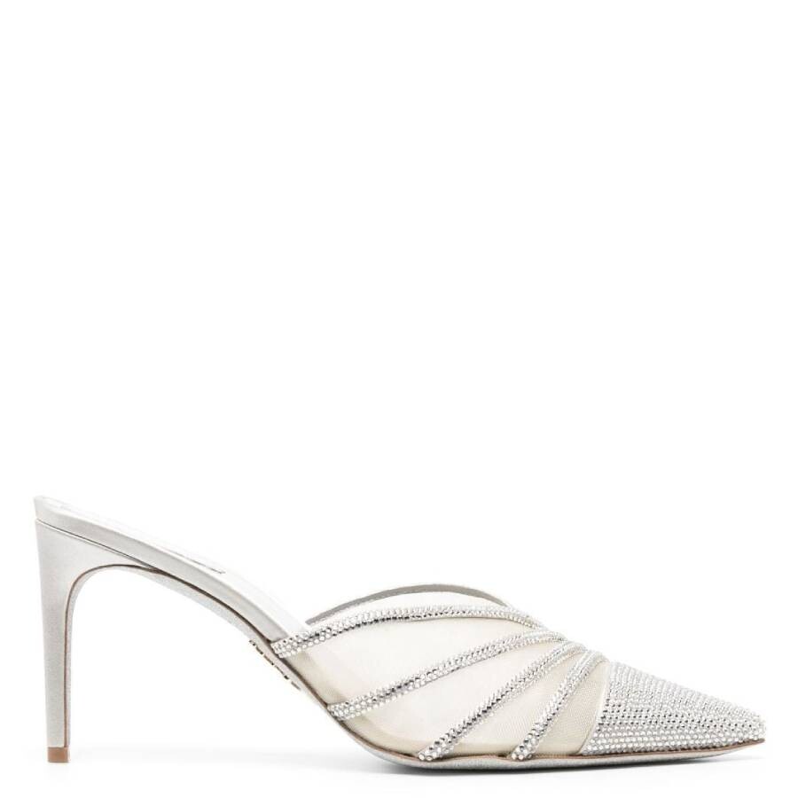 René Caovilla Rene 80 High Heel Point Toe Mule Mesh Crystal In Grey