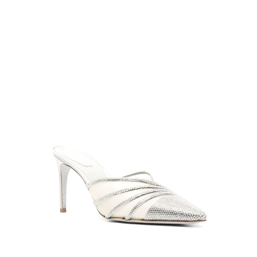 René Caovilla Rene 80 High Heel Point Toe Mule Mesh Crystal In Grey