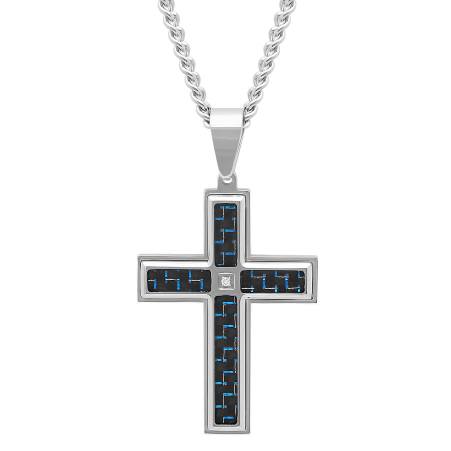 Robert Alton .02 Ctw Stainless Steel Black & Blue Carbon Fiber Men's Diamond Cross Necklace In Two Tone