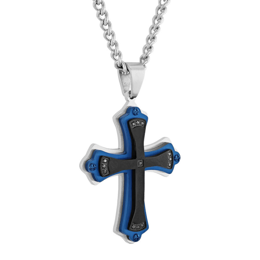 Robert Alton .07ctw Black Diamond Stainless Steel With Black And Blue Finish Men's Cross Pendant In Two-tone