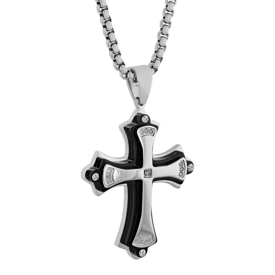 Robert Alton .07ctw Diamond Stainless Steel With White And Black Finish Men's Cross Pendant In Two-tone