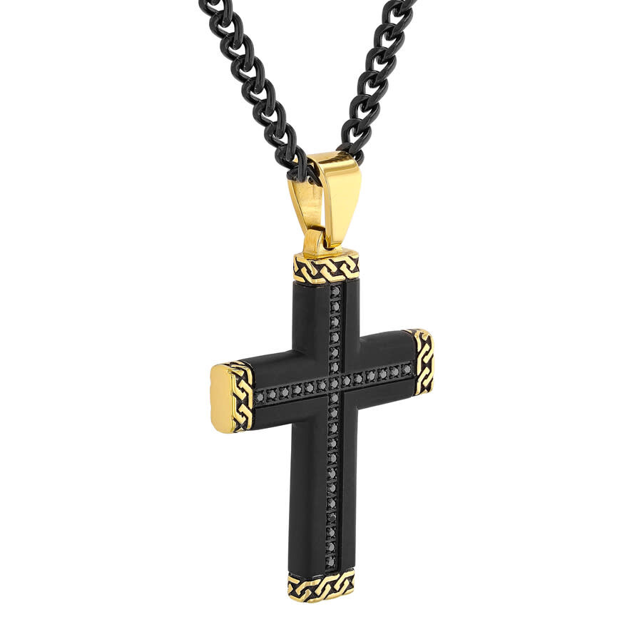 Shop Robert Alton 1 / 4ctw Black Diamond Stainless Steel With Black Finish With Yellow Cross Pendant