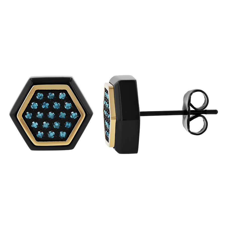 Robert Alton 1 /5ctw Blue Diamond Stainless Steel With Black & Yellow Finish Hexagon Stud Earrings In Two-tone