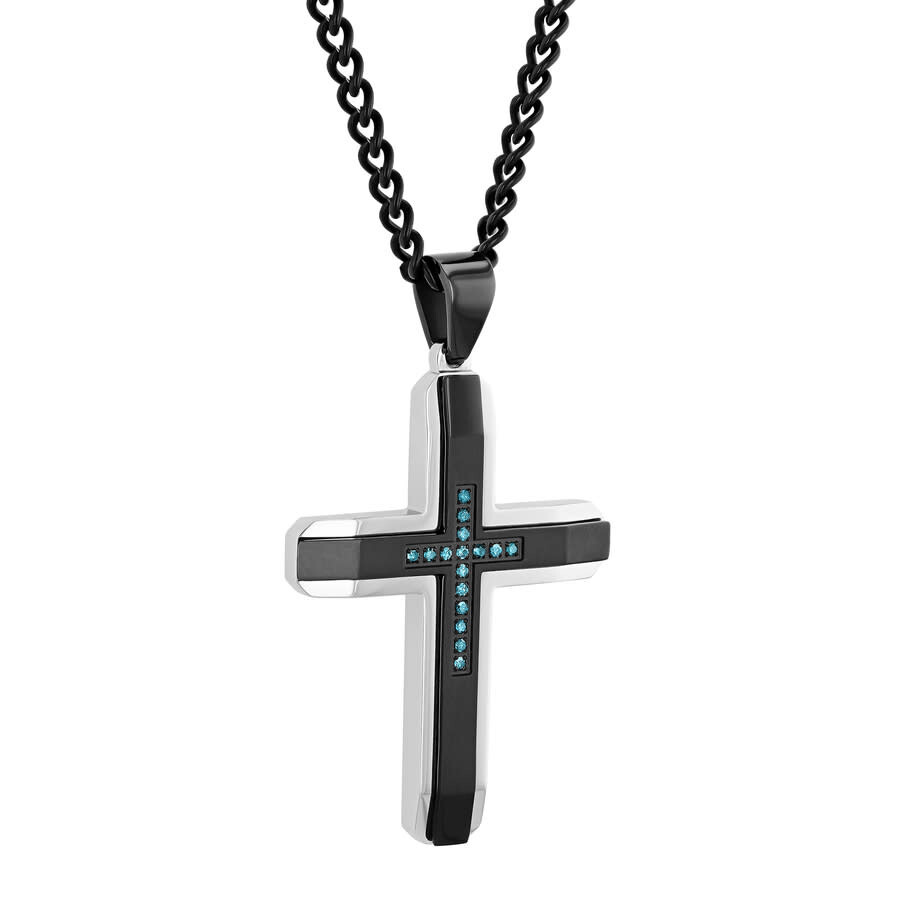 Shop Robert Alton 1/10ctw Blue Diamond Stainless Steel White & Black Cross Pendant In Tri-color