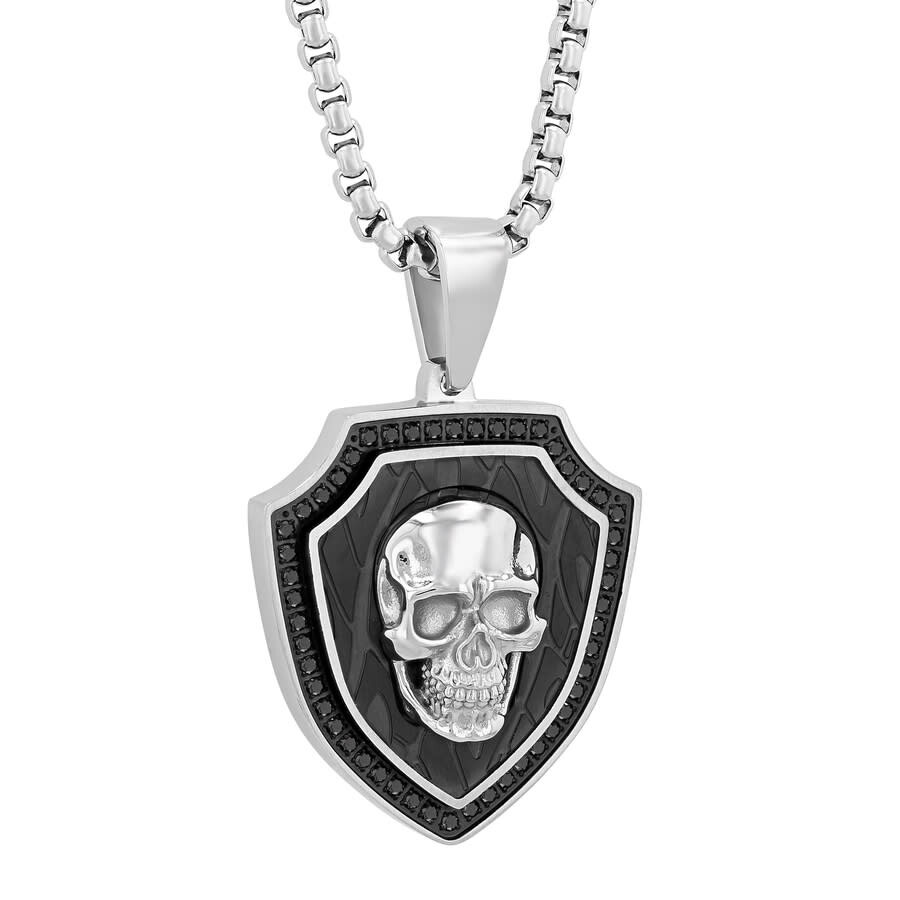 Robert Alton 1/2ctw Black Diamond Stainless Steel With Black & White Finish Skull Pendant In Two-tone